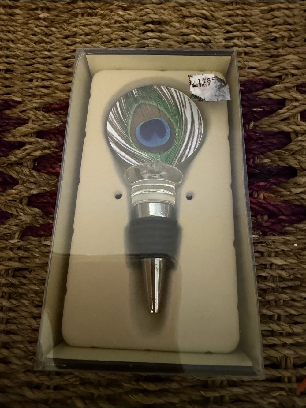 Peacock Feather Glass Wine Bottle Stopper - Blue Green new in package